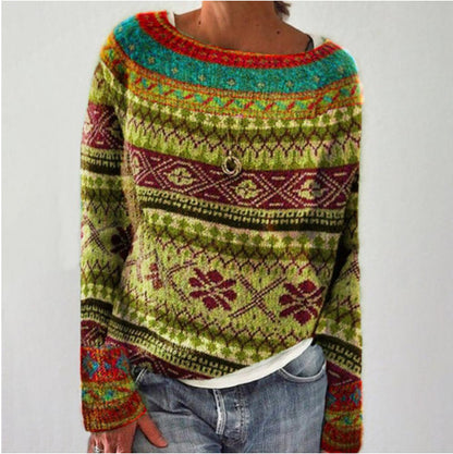Suéter de punto holgado multicolor con cuello redondo para mujer