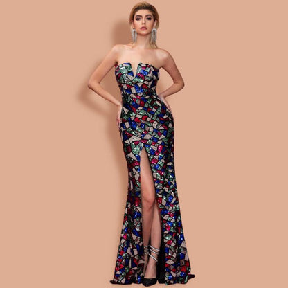 Vestido sexy con escote en V y hombros descubiertos con lentejuelas para mujer