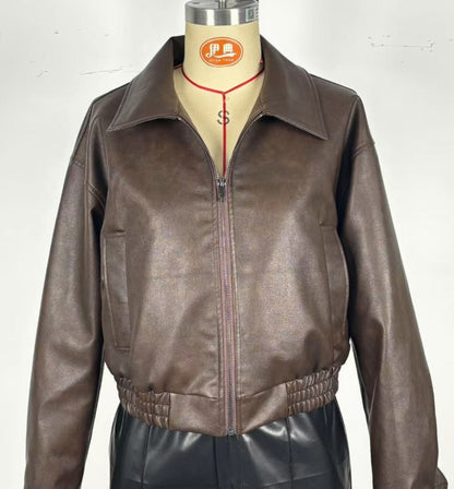 Leder Retro Jacke Langarm Ledermantel