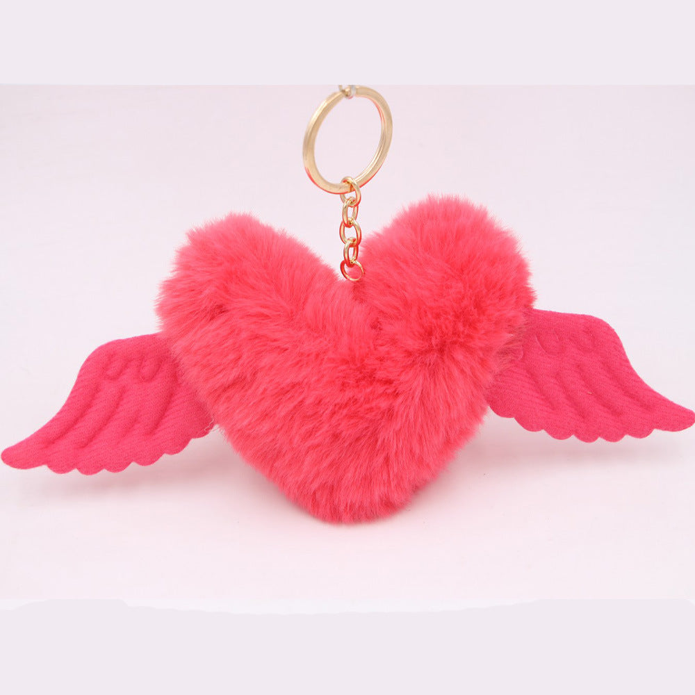Peach Heart Wings Heart Wool Ball Keychain Pendant