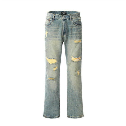 Pan Yellow Denim Broken Holes Pants Men - BAGMODA