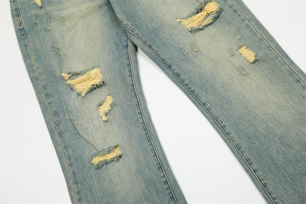 Pan Yellow Denim Broken Holes Pants Men - BAGMODA