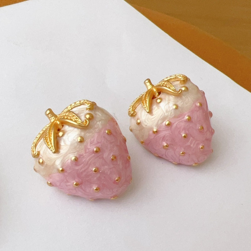 Vintage Western Style White Enamel Glaze Strawberry Silver Stud Earrings