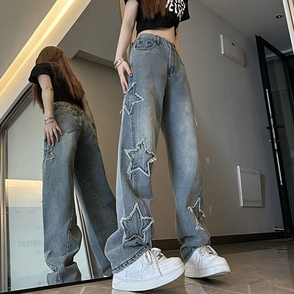 Pantalones vaqueros azules bordados XINGX para mujer, holgados, rectos y de pierna ancha
