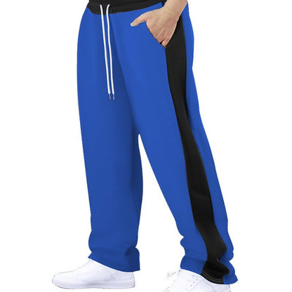 Stitching Contrast Color Loose Straight Drawstring Leisure Pants Men - BAGMODA