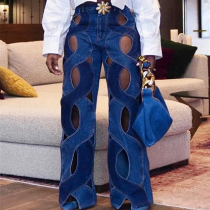 Frauen Streetwear Ausschnitt Aushöhlen Criss Cross Gerade Flare Denim Hosen