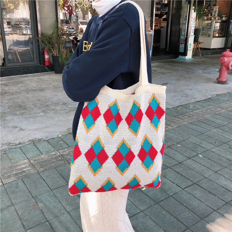 Knitted portable tote bag wool one-shoulder women's cloth bag