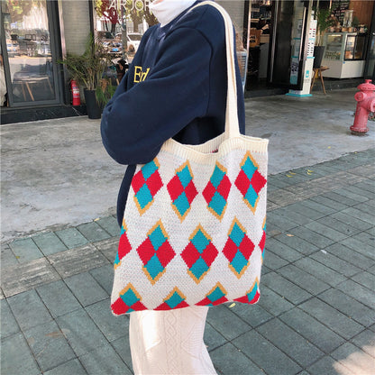 Bolso de mano portátil de punto de lana, bolso de tela de un solo hombro para mujer