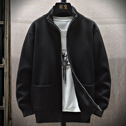Autumn And Winter Leisure Fleece-lined Men's Cardigan Long Sleeve Youth Popularity Stand Collar Sweater