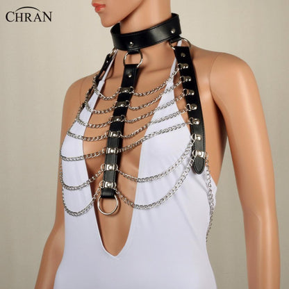 Arnés de cuero Chran, collar de cadena de playa para bondage, gargantilla gótica, collar de hombro, accesorios de joyería, lencería erótica, CRBJ821