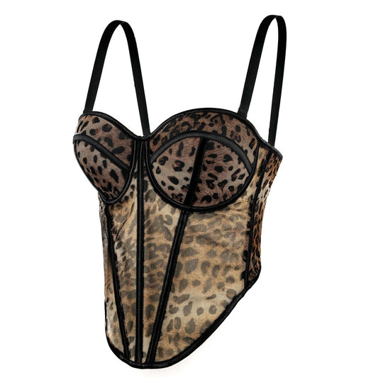 Sexy Leopard Print Splicing Bralette with High-End Mesh Lace Sheer Outerwear Boned Bustier