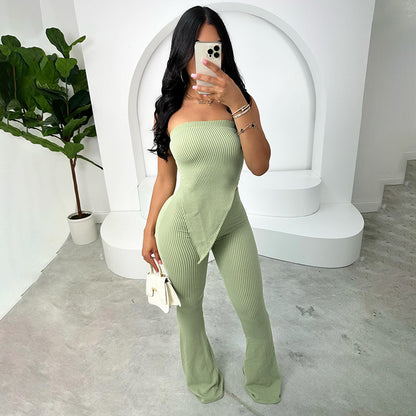 Traje de pantalón ajustado de cintura alta con top de tubo para mujer
