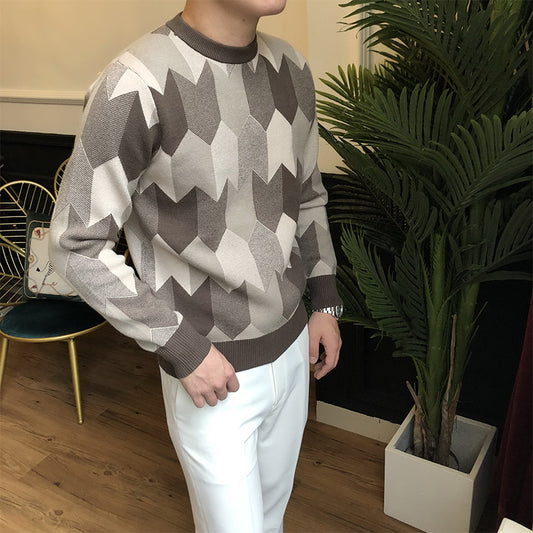 Geometric Jacquard Sweater Men's Trendy Fashion Retro Knitted Sweater Top