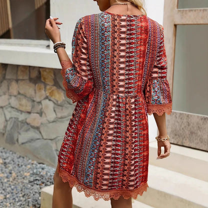 Vestido bohemio con cuello en V, estampado, informal, holgado, para playa, para mujer