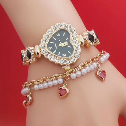 Conjunto de reloj y pulsera de moda con forma de corazón de diamantes de cuarzo, conjunto de joyería de moda para mujer, regalo de San Valentín