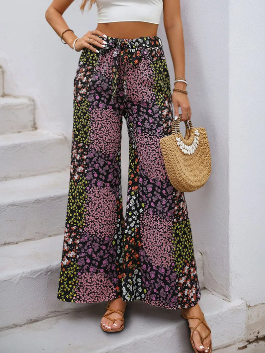 Lace up leopard print high waisted wide leg pants for women - BAGMODA