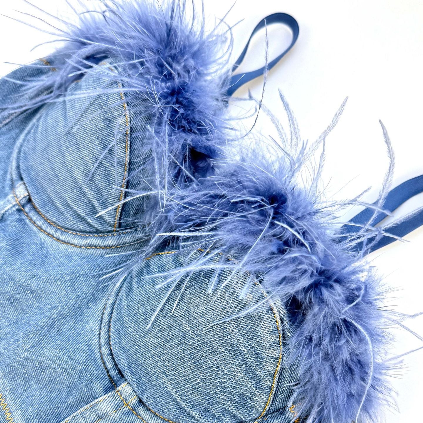 Denim Corset Strapless Top with Built-in Pads Sweet and Spicy Feather Bralette