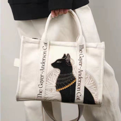Schultertasche aus Canvas mit Katzenstickerei