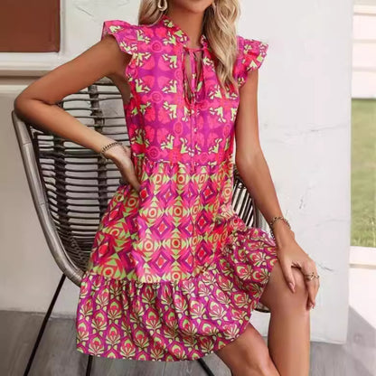 Vestido sin mangas estampado de verano con cuello en V y cordones rectos para mujer