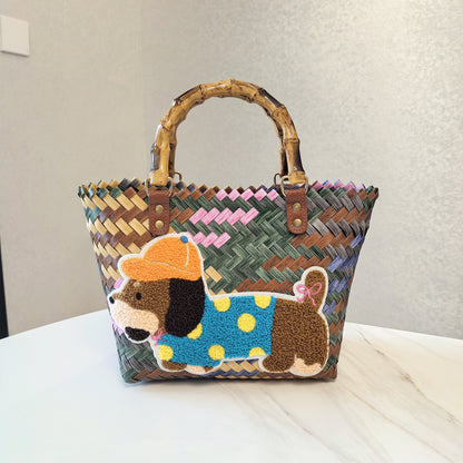 Bolso tejido vintage con diseño de perro salchicha a rayas