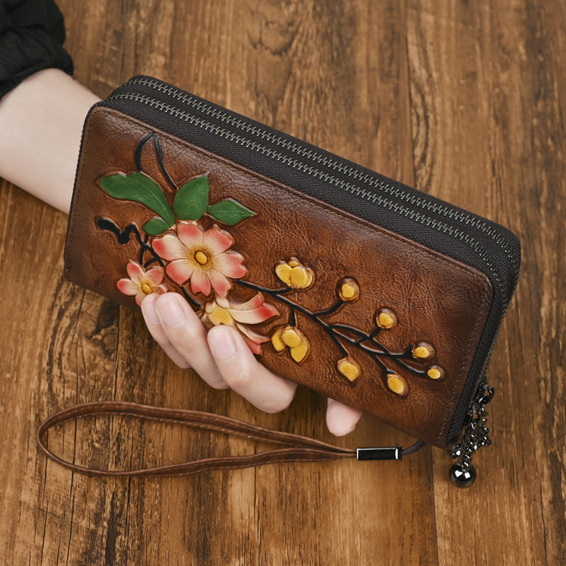 Leather Double Zipper Long Wallet