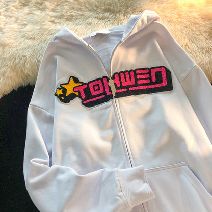 Sudadera con capucha y bordado de letras para mujer, suéter holgado de flocado alto