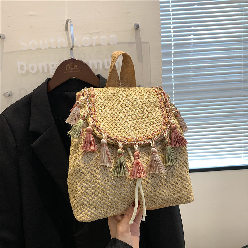 Western Style Travel Women's Straw Backpack Bohemian Style Tassel Bag