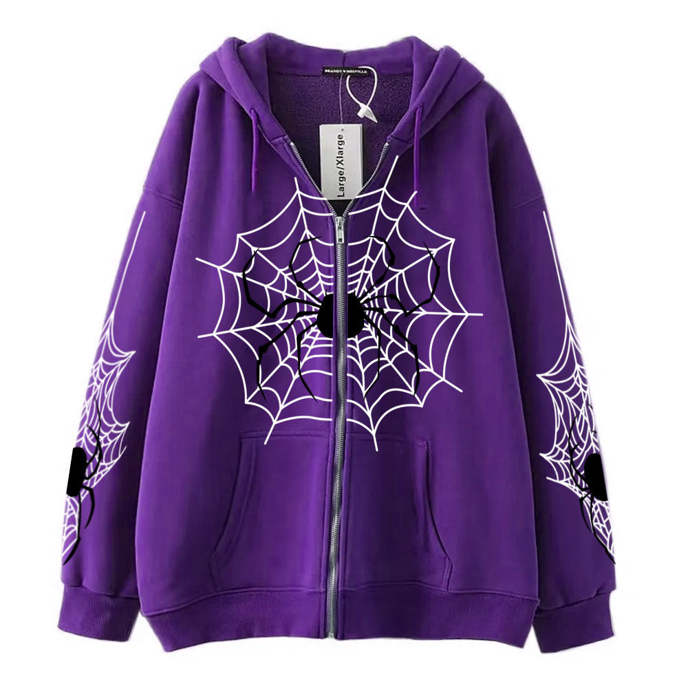 Spider Web Zipper Foreign Trade Sweatshirt Street Fashion Spring And Autumn Hoodie American Retro Casual Jacket For Women