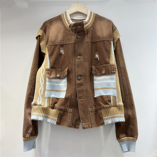 Stand Collar Knitted Stitching Contrast Color Design Minority All-match Coat