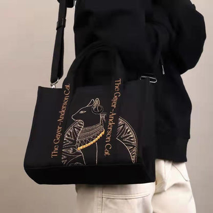 Schultertasche aus Canvas mit Katzenstickerei