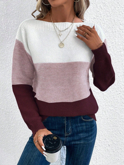 Pullover Strickpullover Mode Rundhals Spleißen Strickwaren Lose Top Damenbekleidung