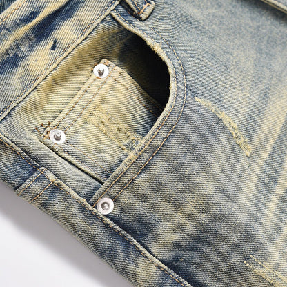 Distressed Scratches Denim Straight - leg Pants Men - BAGMODA