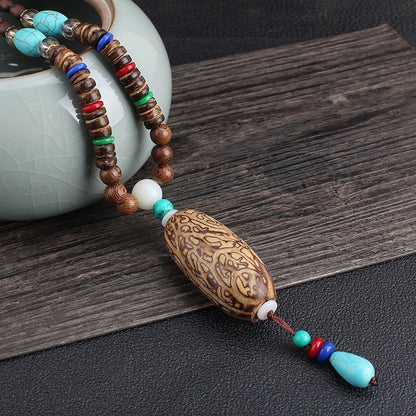 Collares para hombres y mujeres, cadena de suéter con cuentas de madera retro, colgante largo Bodhi