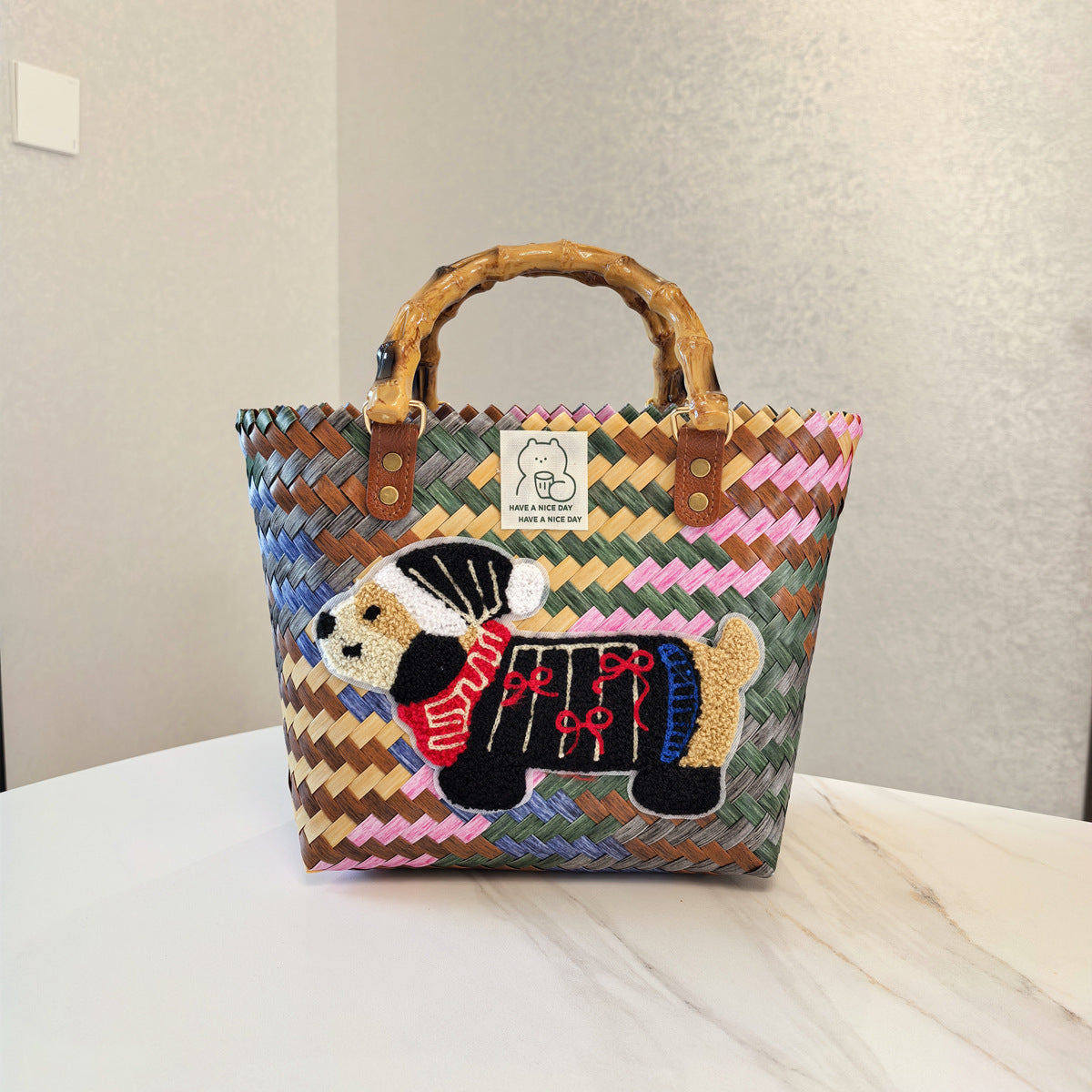 Vintage Stripe Sausage Dog Woven Bag