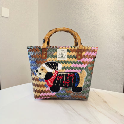 Bolso tejido vintage con diseño de perro salchicha a rayas