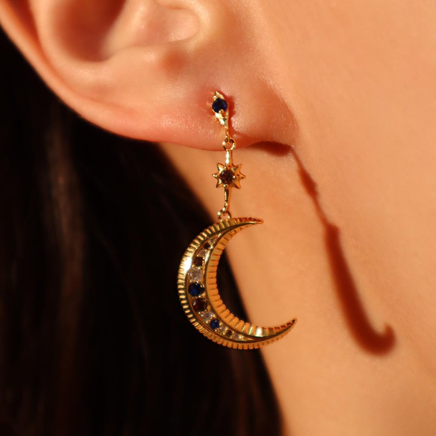 Star Moon Asymmetric Color Zircon Star And Moon Stud Earring