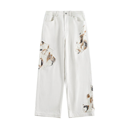 Stitching Denim Straight - leg Pants Men - BAGMODA
