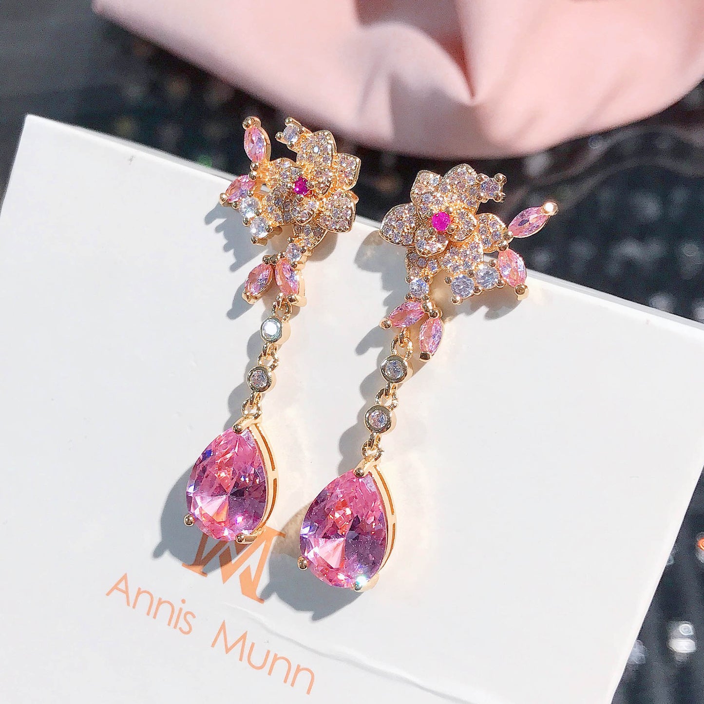 Flower Three-dimensional Rose Drop-shaped Gem Earrings