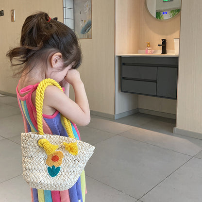 Bolso bandolera infantil de punto hecho a mano con paja