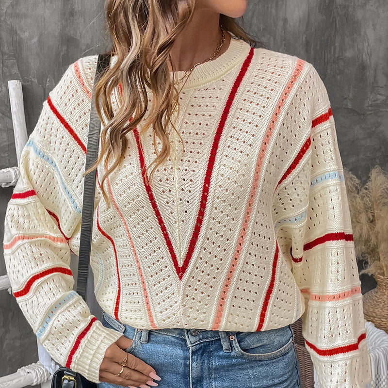 Asian Knitwear V-stripe Pattern Hollow Out Sweater
