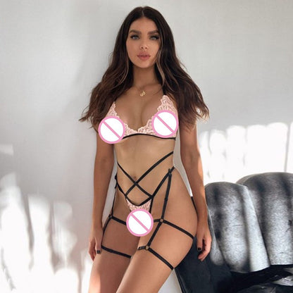 Conjunto de lencería sexy con encaje y tirantes para las piernas.