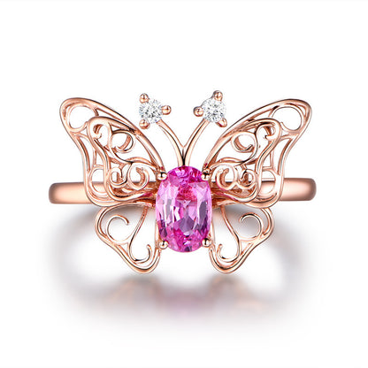 Anillo abierto de turmalina con mariposa ahuecada de moda