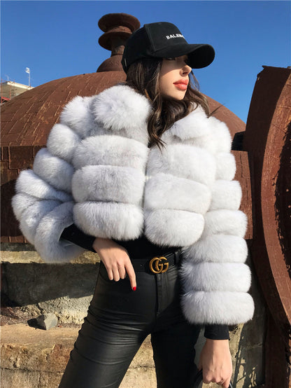 Chaqueta ligera de lujo para mujer con solapa de imitación de piel de zorro y manga larga con costuras