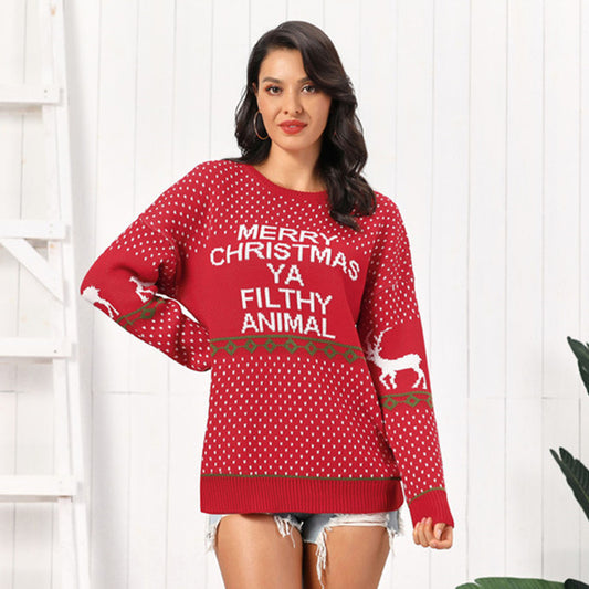 Women's Clothing Amazon Hot Knitwear Letter Deer Loose Plus Size Mid-length Sweater