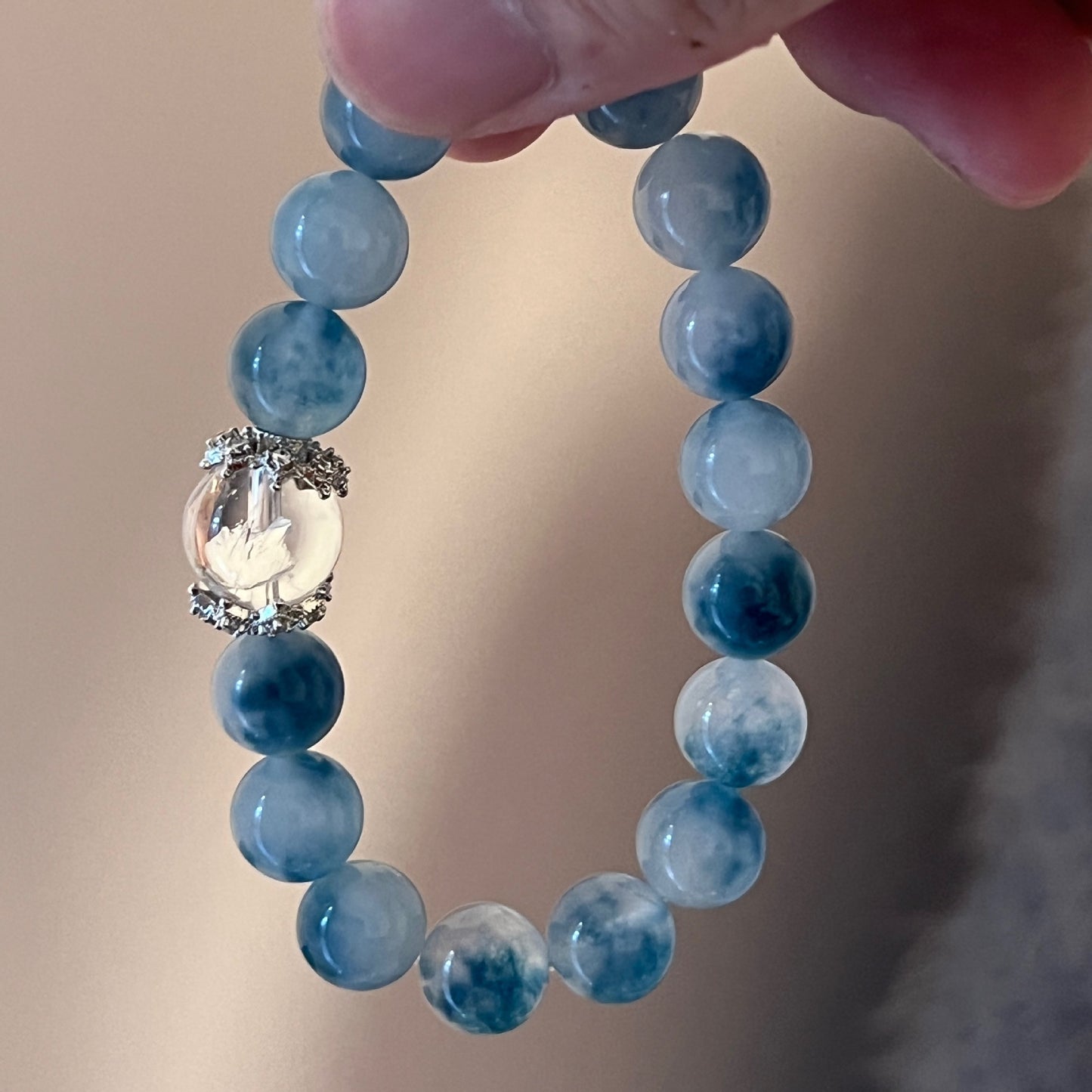 White Crystal Ink Blue Floating Flower Chalcedony Aquamarine Bracelet