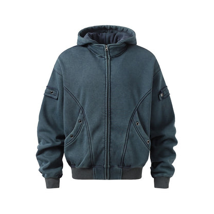 Sudadera polar con capucha y lavado estilo retro americano para hombre