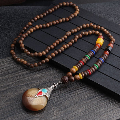 Collares para hombres y mujeres, cadena de suéter con cuentas de madera retro, colgante largo Bodhi