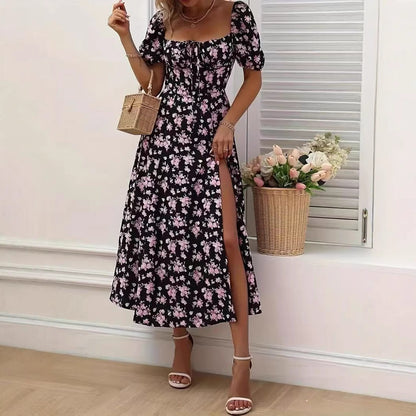 Vestido largo playero de manga corta con estampado floral y cordones para verano, ropa de mujer