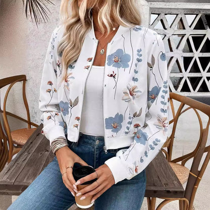 Elegante Damenjacke mit Reißverschluss und Blumendruck, langärmelig