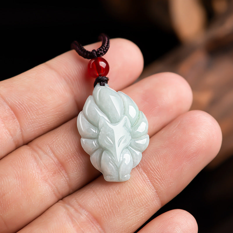 Natural A Cargo Jade Light Green Nine Tail Fox Pendant